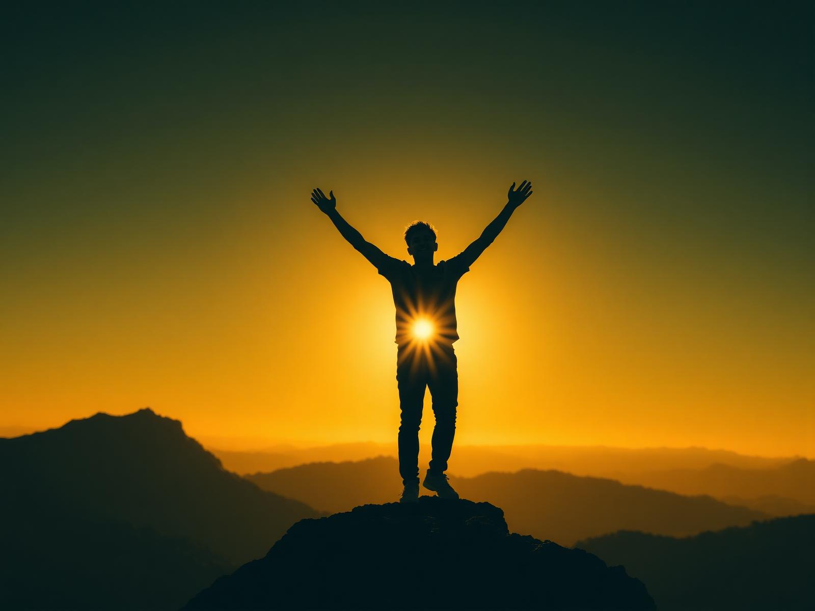 A person celebrating success at sunrise on a mountain peak