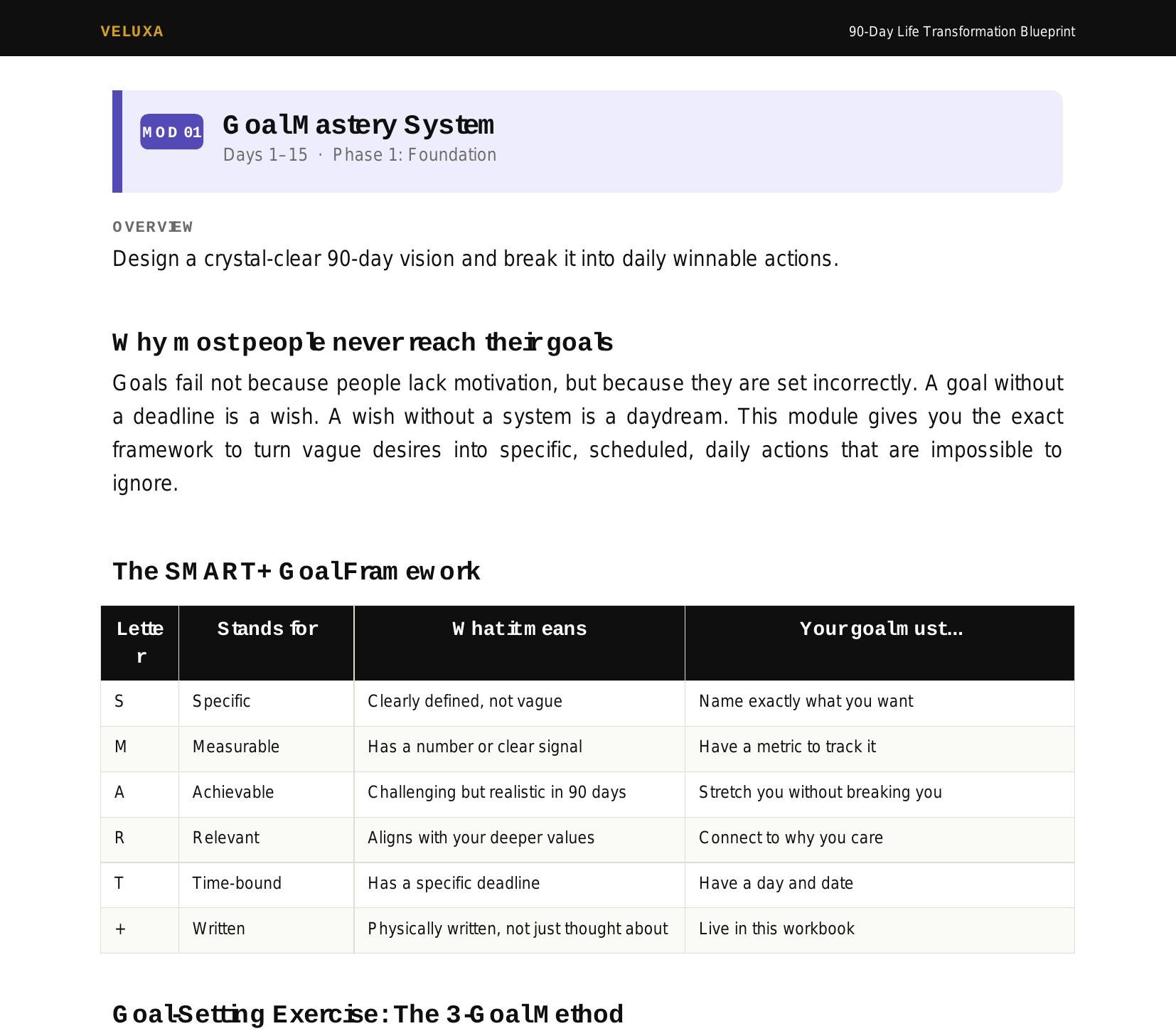 Module 01 · Goal Mastery System — sample page from the 90-Day Life Transformation Blueprint